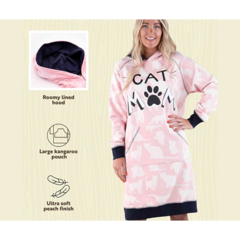 Lazy One Cat Mom Oversized Sleep Hoodie Women's L/XL Pink Sleepwear EUC